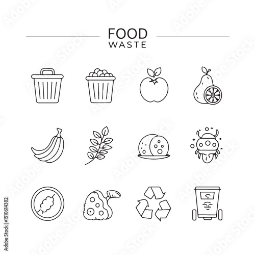 Doodle-style icon set showing organic waste like leftovers, fruit peels, and spoiled food for eco-friendly designs