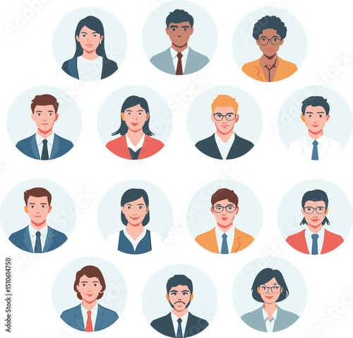Flat design business avatar collection of diverse professionals in formal attire for teamwork, office staff, HR profile, and employee identity concepts