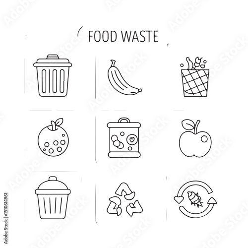 Doodle-style icon set showing organic waste like leftovers, fruit peels, and spoiled food for eco-friendly designs