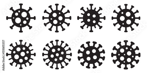 Black Virus Icons Set on White Background, Black Virus Icons with Different Expressions, Virus Icons Line Art Set for Medical Designs