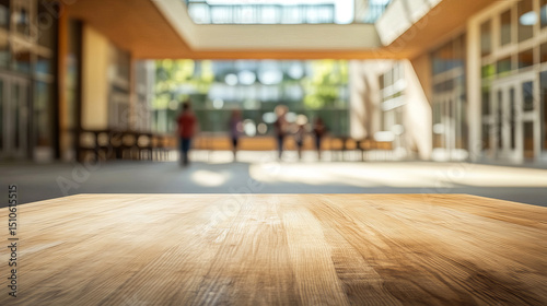 Wooden table surface with blurred background of modern architecture and people walking