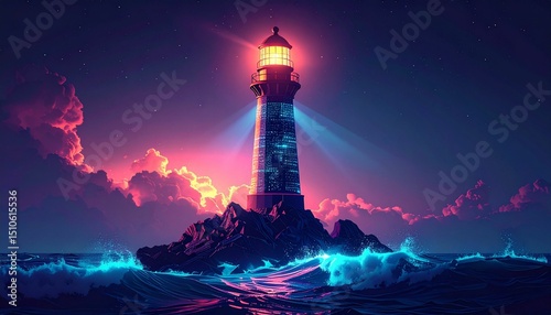 Digital lighthouse in a futuristic ocean setting symbolizes guidance and innovation.