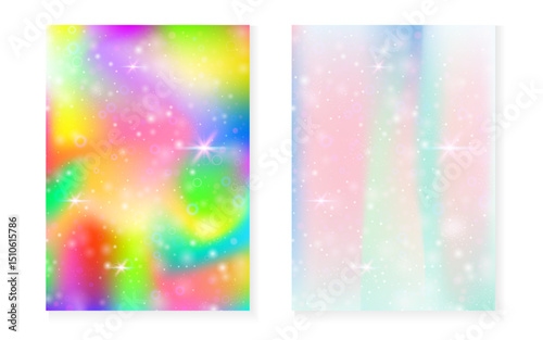 Unicorn background with kawaii magic gradient. Princess rainbow hologram. Holographic fairy set. Fluorescent fantasy cover. Unicorn background with sparkles and stars for cute girl party invitation.