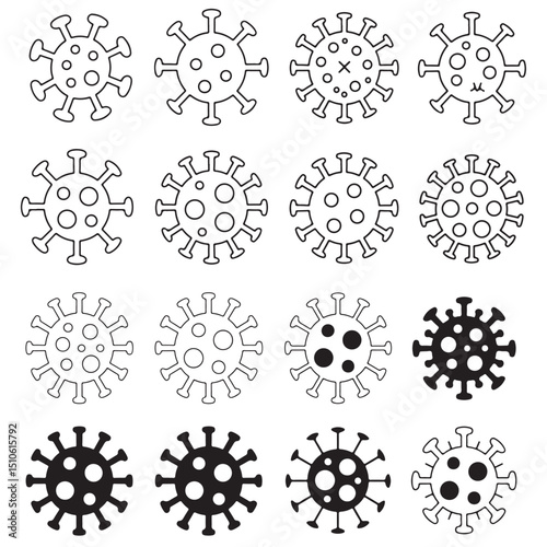 Black Virus Icons Set on White Background, Black Virus Icons with Different Expressions, Virus Icons Line Art Set for Medical Designs