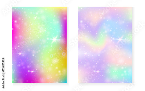 Magic background with princess rainbow gradient. Kawaii unicorn hologram. Holographic fairy set. Colorful fantasy cover. Magic background with sparkles and stars for cute girl party invitation.