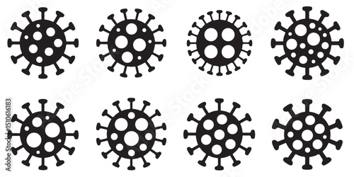 Black Virus Icons Set on White Background, Black Virus Icons with Different Expressions, Virus Icons Line Art Set for Medical Designs