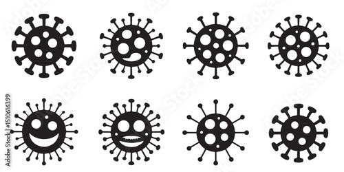 Black Virus Icons Set on White Background, Black Virus Icons with Different Expressions, Virus Icons Line Art Set for Medical Designs
