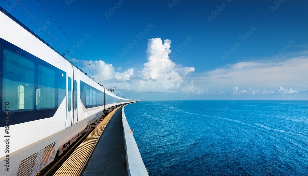 Fototapeta premium high speed train at platform with ocean view under blue sky