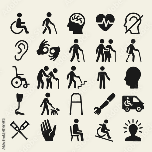 A collection of 25 black and white line icons representing people with disabilities, including prosthetics, wheelchairs, and various mobility aids. Clean outline design, isolated on white.