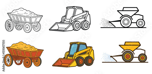Heavy Equipment Line and Filled Icons – Agricultural and Industrial Vehicle Vector Collection
