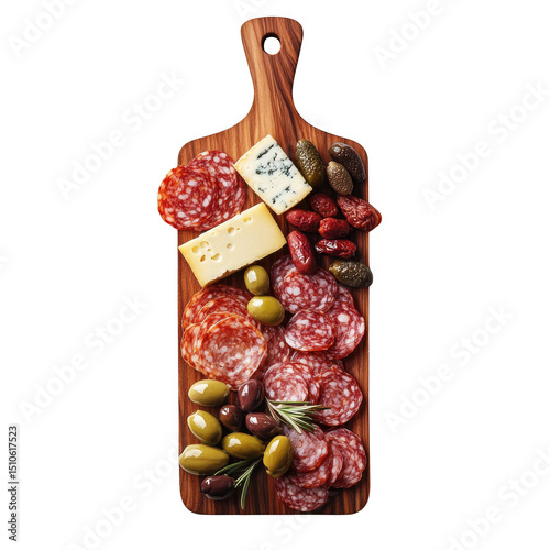 Appetizer board with salami cheese and olives isolated on transparent background