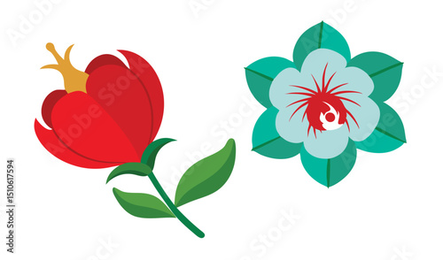 Two stylized flowers red and teal floral design