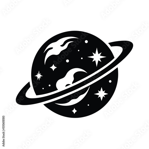 Planet Saturn with planetary ring system flat icon for astronomy apps and websites, Set of planet black silhouette, vector illustration