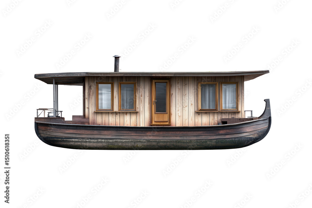 Fototapeta premium Traditional wooden boat with a curved roof, multiple , and rustic appearance, isolated on a white background suitable for maritime and nautical themes