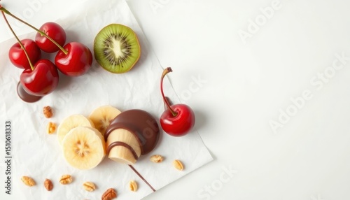 Delicious fruit assortment with chocolate on a white surface for healthy lifestyle