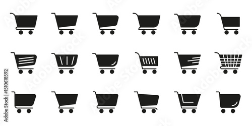Shopping Cart Solid Icon Set. E-Commerce, Online Shopping, And Retail Marketplace Silhouette Symbol Collection. Various Cart Designs For Digital And Physical Stores. Isolated Vector Illustration