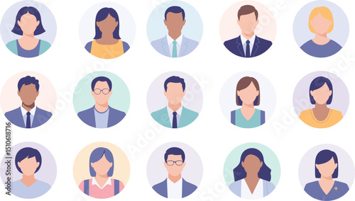 Diverse business team avatar set featuring male and female professionals in flat design style for corporate, human resources, teamwork, and office communication concepts