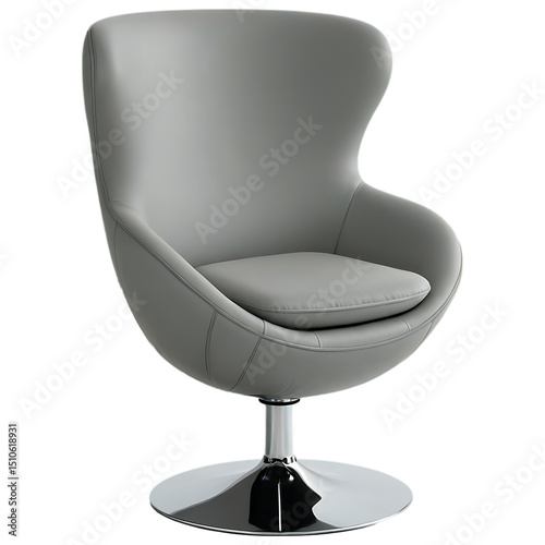 A modern luxury swivel chair in soft gray with a curved seat shell and chrome pedestal base transparent background