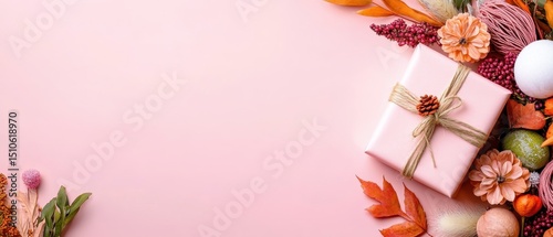 A pink gift box decorated with twine and autumnal elements sits on a pink background, surrounded by dried flowers and leaves. Horizontal banner with copy space for text, poster, free space