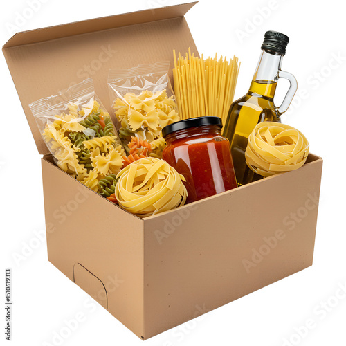 Eco-Friendly Cardboard Box with Pasta, Tomato Sauce, and Olive Oil Photo Transparent Background