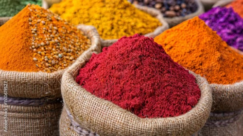 Colorful spice powders in burlap sacks at market. Vibrant red, orange, yellow, and purple hues. Represents culinary diversity, traditional cooking, and global food culture