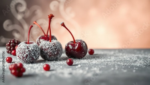 Crimson cherries coated with a delicate frost against an elegant backdrop