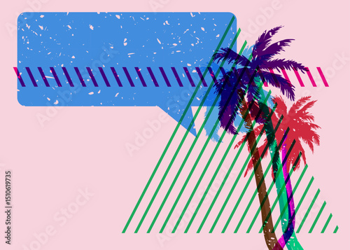 Risograph Palm Tree with speech bubble with geometric shapes. Objects in trendy riso graph print texture style design with geometry elements.