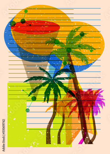 Risograph Palm Tree with speech bubble with geometric shapes. Objects in trendy riso graph print texture style design with geometry elements.