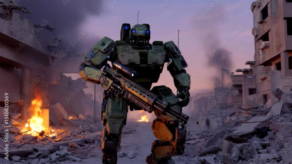 custom made wallpaper toronto digitalMedium shot of a formidable green combat mech with glowing blue optics, holding a large rotary cannon amidst a burning, ruined cityscape at dusk