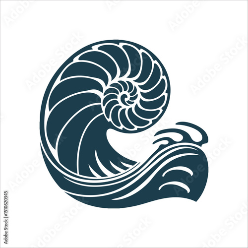 Stylized Wave Cradling Nautilus Shell Illustration