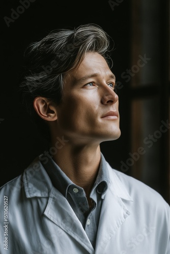 Male scientist in white lab coat looking to the side, wearing glasses, suggesting an analytical and precise nature.