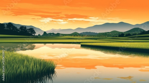 Serene sunset over calm lake reflecting vibrant sky and distant mountains with lush green fields.