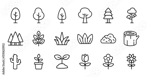 Nature icon set isolated on white, includes tree, grass, flower, leaves, cactus, and many more. Spring and summer vector illustration set.