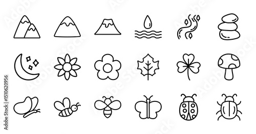 Nature icon set isolated on white, includes mountain, flower, river, bugs, butterfly, bee, and many more.
