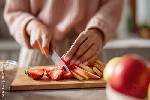 A woman skillfully slices strawberries and apples on a wooden cutting board while standing in a warm, inviting kitchen, showcasing her culinary skills and focus on fresh ingredients