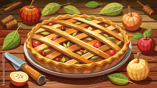 A close-up of a freshly baked apple pie with a lattice crust and a sprinkle of sugar on top, placed on a wooden table with apples and cinnamon sticks surrounding 