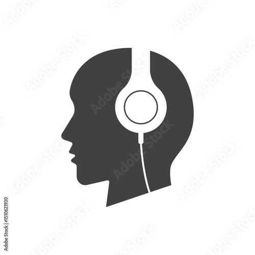 Iconic silhouette illustration of a person wearing headphones, symbolizing music, audio, and entertainment concepts. Ideal for representations in media, podcasts, or music-related themes.