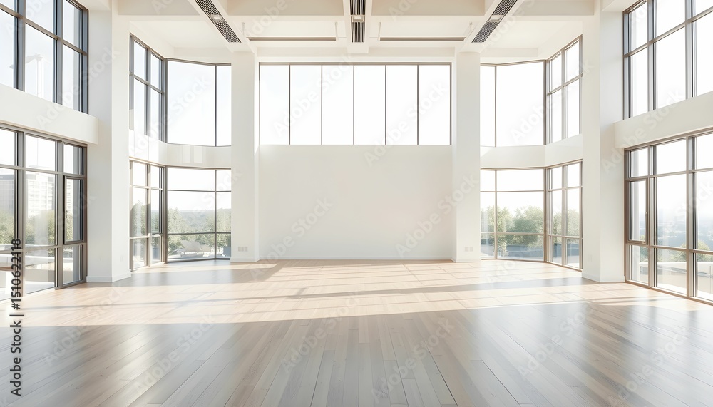 Fototapeta premium Spacious Modern Room with Floor-to-Ceiling Windows and Hardwood Floors