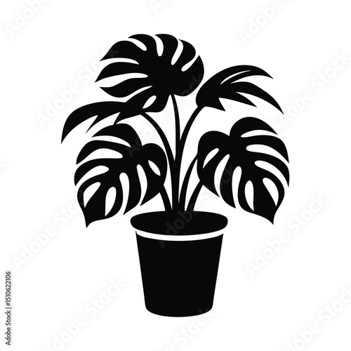 silhouette monstera potted plant nature, Elegant Monstera Plant Silhouette Illustration in a Pot, Monstera deliciosa plant in pot silhouette vector, potted plant vector silhouette vector Nature and In