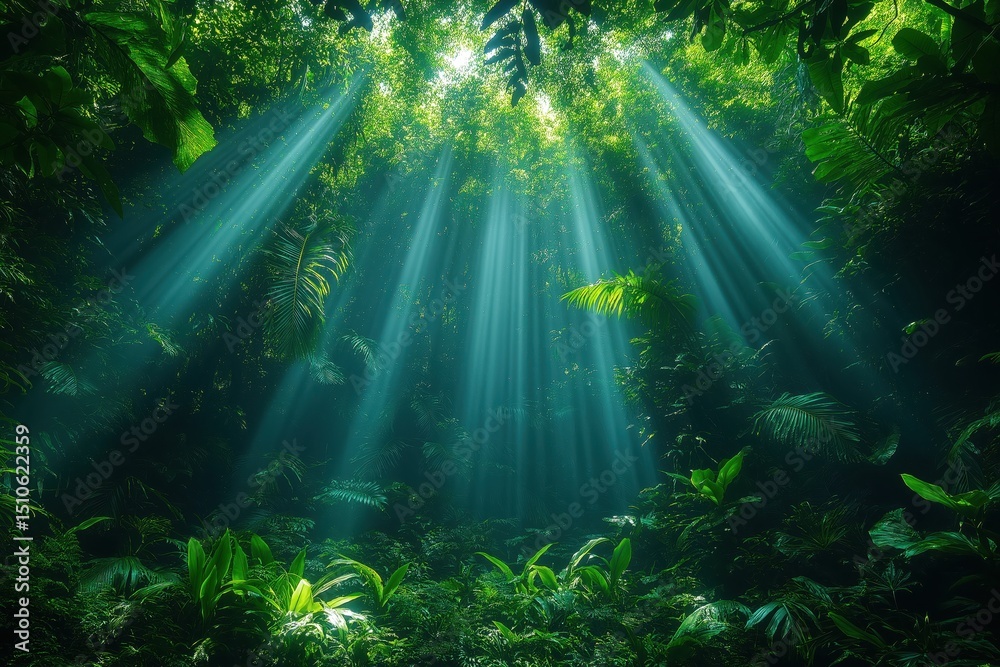 Obraz premium Sunlight Filters Through Canopy in Dense Tropical Jungle Ecosystem
