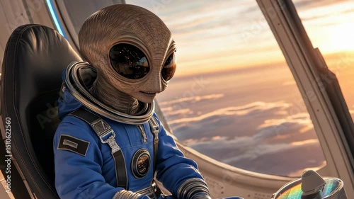 Alien in blue space suit piloting futuristic spacecraft above Earth. Sci-fi concept of extraterrestrial life, space exploration, interstellar travel, and cosmic adventure