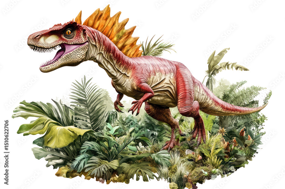 Fototapeta premium Highly detailed realistic dinosaur T-Rex standing on lush jungle foliage with vibrant plants and trees, prehistoric creature in natural habitat illustration