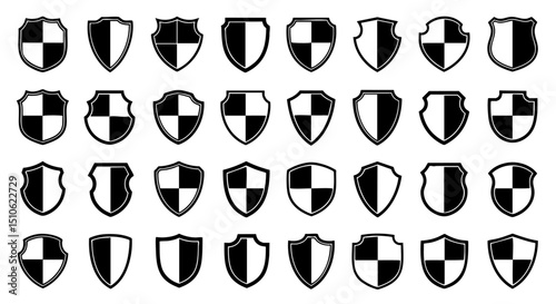 A set of simple black and white shield icons divided into quadrants, with various border styles, arranged in a grid.