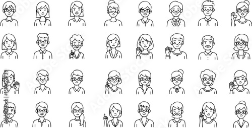 A diverse set of thirty simple line art avatars of people with various hairstyles, expressions, and gestures, arranged in a grid.