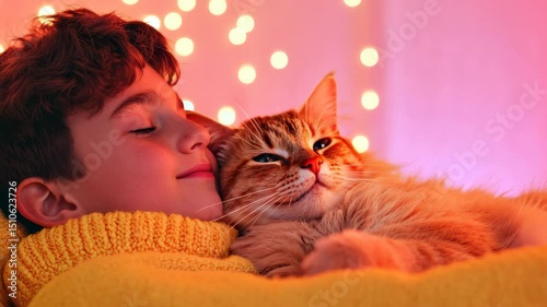 Smiling boy in yellow sweater cuddling a fluffy ginger cat in cozy ambient light. Concept of cat therapy, emotional support, stress relief, and pet assisted well being