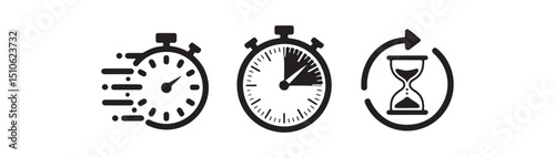 Time Management Icons: Stopwatch, Timer, and Hourglass