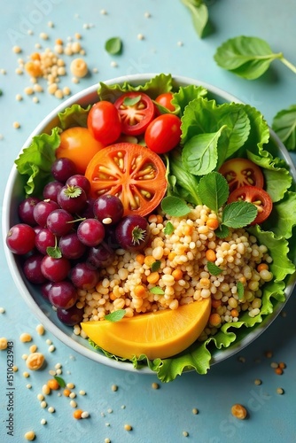 A vibrant and healthy lunch spread featuring a colorful array of fresh vegetables, grains, and protein, perfect for a nutritious and satisfying midday meal , fish, rice, colorful