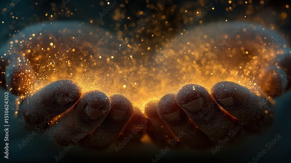 Obraz premium Hands Holding Golden Sparkling Light Against Dark Background