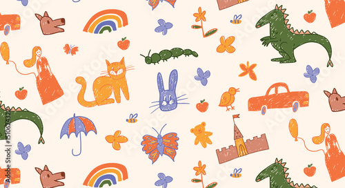 Children’s crayon drawing style seamless pattern with dragon, cat, rabbit, girl with balloon, rainbow, butterfly, castle, flower, bird, car, apple. Flat colorful doodle vector illustration.