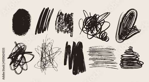 Ink, pencil pen, paint, crayon brush strokes. Grunge texture set. Different shapes, curly chaotic spiral strokes. Abstract doodle style. Hand drawn modern Vector illustration. Isolated design elements
